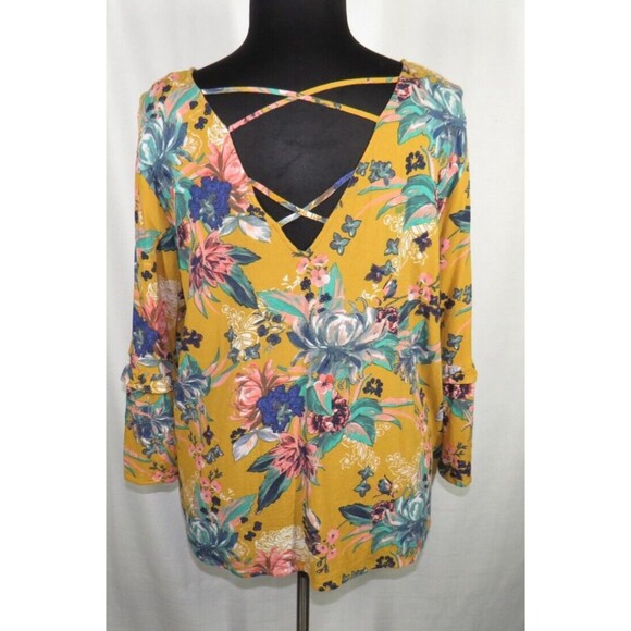 Ava + Viv Women's Mustard Floral Strappy Back Flare Sleeve Blouse Plus 4X - Picture 8 of 10